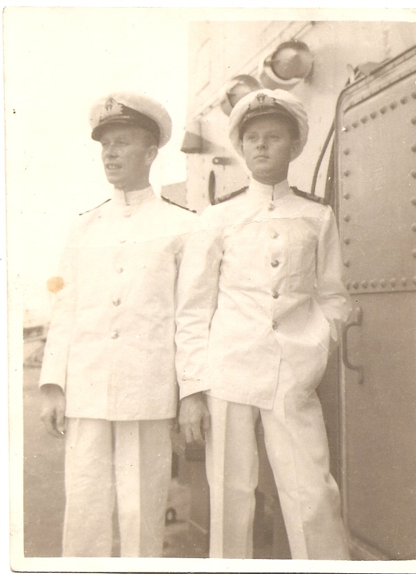 Sub Lt F R Johnson and fellow officer in whites