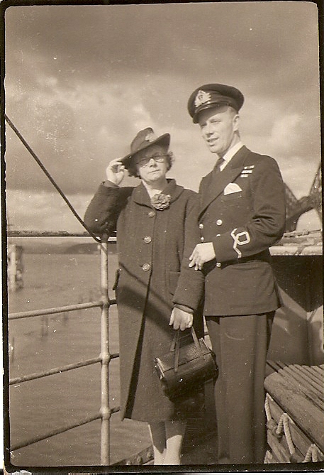 Lt F R Johnson DSC DSM RNVR with his mother at the Forth Railway Bridge
