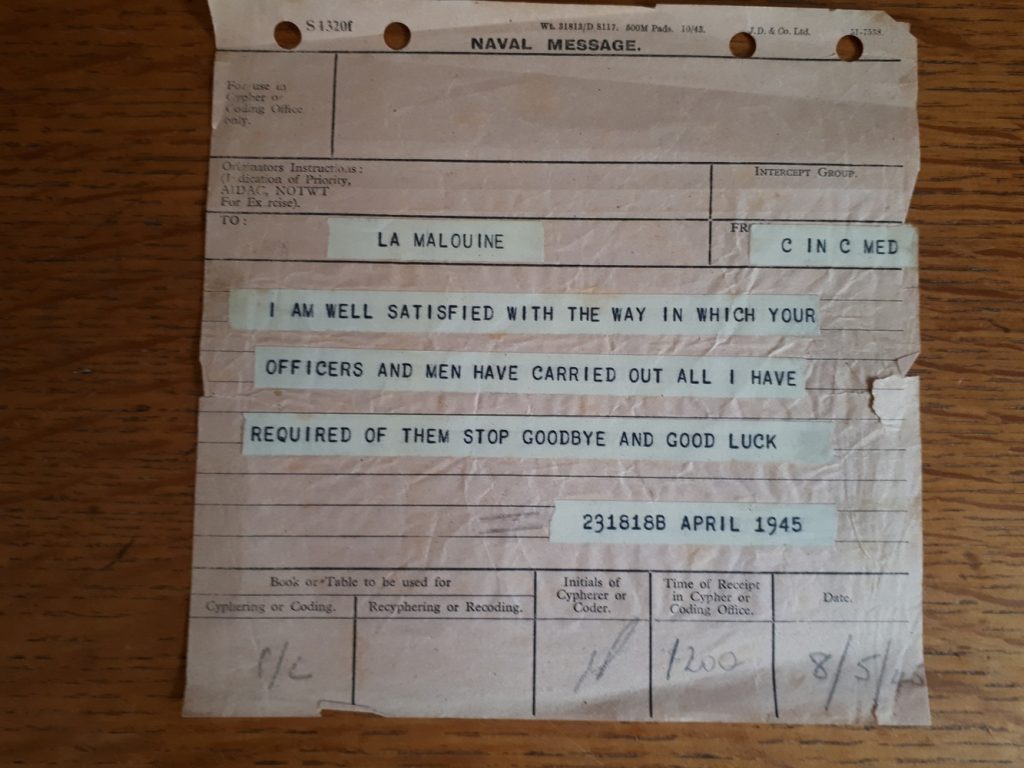 A message to La Malouine from C-inC Med (April 1945)