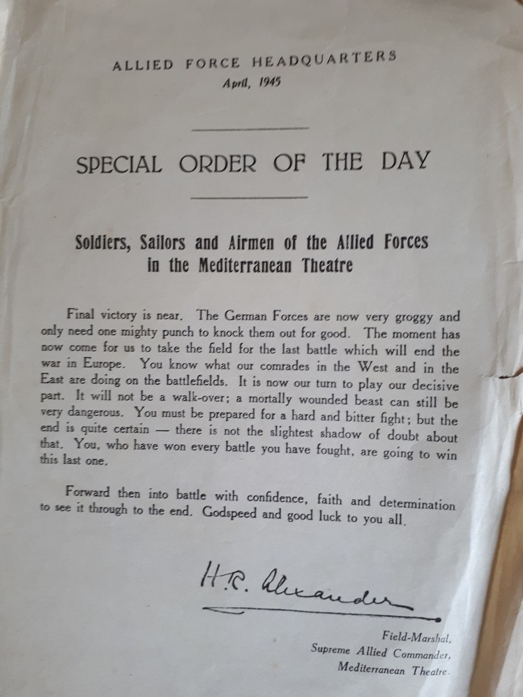 A message from the Field-Marshal Supreme Allied Commander, Harold Rupert Leofric George Alexander, 1st Earl Alexander of Tunis (April 1945)