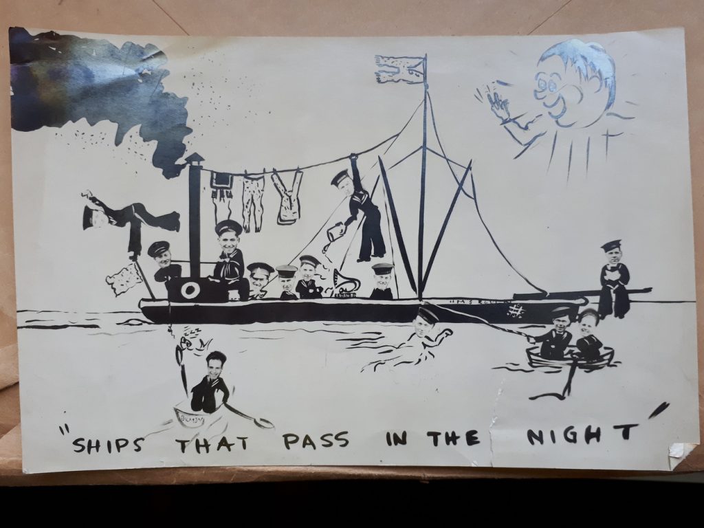 A cartoon depicting Jack and some of his fellow crew members. Jack is hanging off the back of the ship