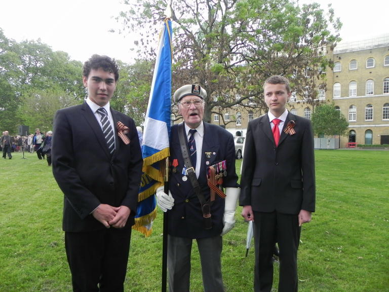 David carrying the standard at The Imperial War Museum, with two Russian lads, in May 2014