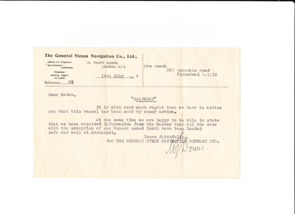 Letter from The General Steam Navigation Co.