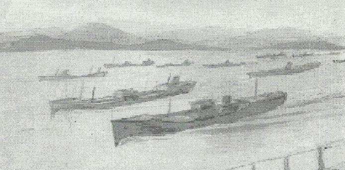 A drawing of a convoy viewed from HMS Volunteer by Tug Wilson