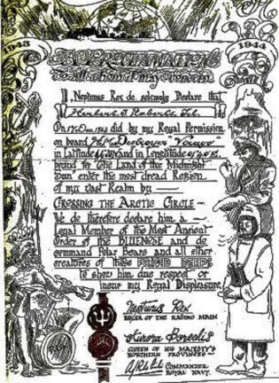 Herbert's certificate for Crossing the Arctic Circle, awarded by 'Neptuine Rex
