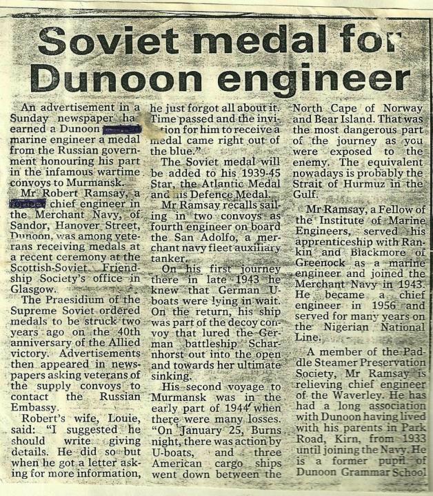Robert Ramsay receives Soviet medal, newspaper article