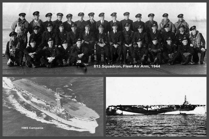 1944: Fleet Air Arm 813 Squadron on HMS Campania.John Boothoyd is seated cross-legged on the ground in the front row, 4th from left