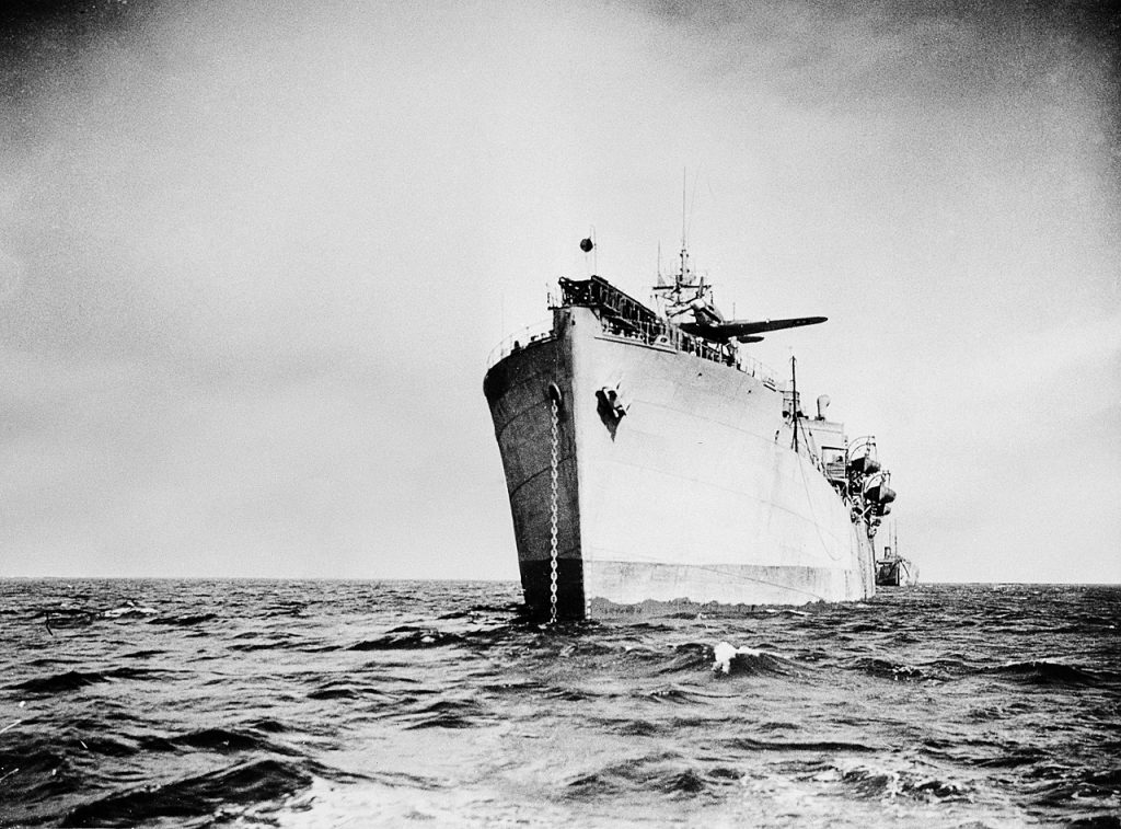 The Empire Tide with catapult launching Hurricat aircraft