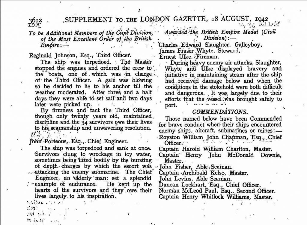 Supplement to the London Gazette, 18 August, 1942