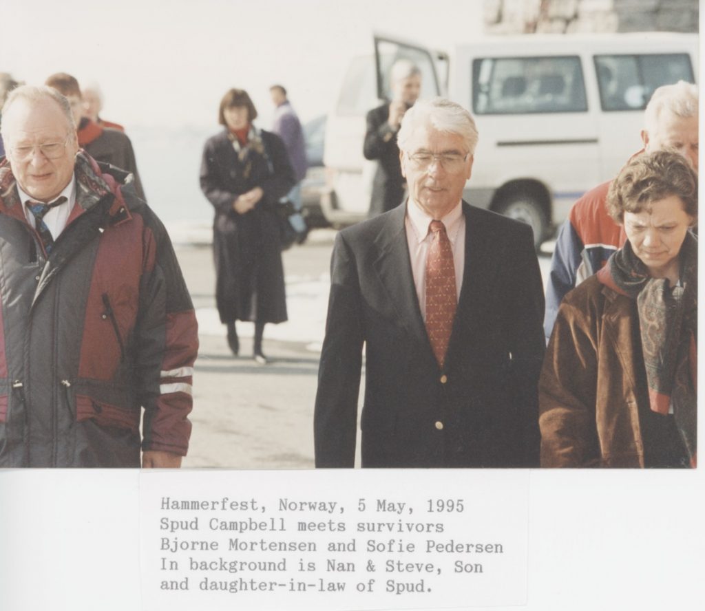 Hammerfest, Norway, 5 May, 1995. Spud Campbell meets survivors Bjorne Mortensen and Sofie Pedersen.