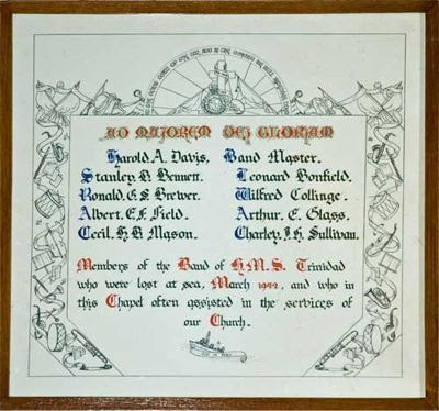 A tribute to the lost bandsman of HMS Trinidad in St Werburgh Parish Church,Wembury, Devon.